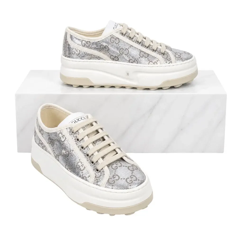 Gucci Tennis 1977 Treck GG Monogram Flatform Sneaker Silver Size 36 - Picture 1 of 13